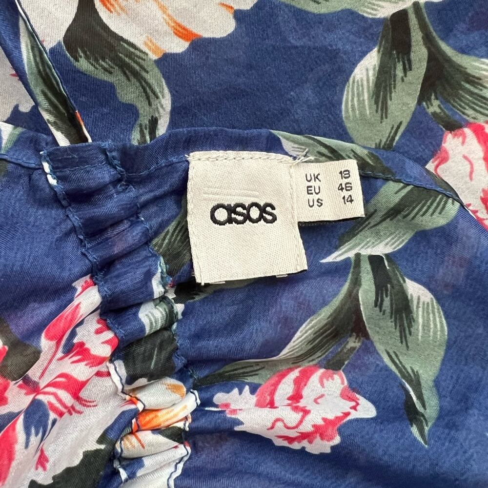ASOS sheer blue tropical floral swim coverup jumpsuit plunge neck open low back - Picture 4 of 6